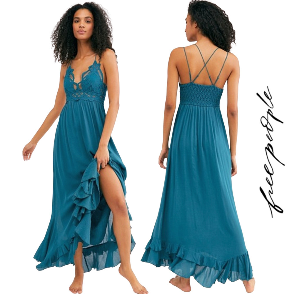 Free People Adella Crochet Ruffle Hem Smocked Strappy Back Slip Dress NWT  Small